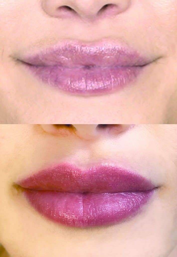 Jess before and after lip liner & lip tint treatment enhancing lip shape and color at Beauty Glam Studio in Boca Raton, FL.