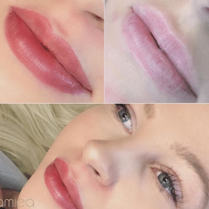 Before and after lip tint and liner creating fuller-looking, naturally defined lips.