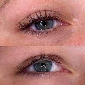 Before and after lash enhancement showing lifted, darker lashes at Beauty Glam Studio in Boca Raton, FL.