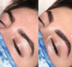 Before and after brow lamination results with improved symmetry and brow lift at Beauty Glam Studio in Boca Raton, FL.