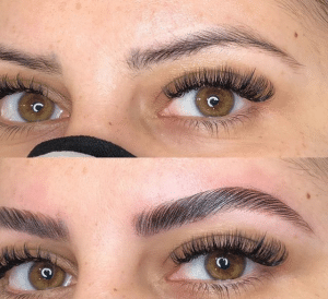 Side-by-side before and after brow lamination showing enhanced shape and volume at Beauty Glam Studio in Boca Raton, FL.