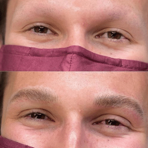 Before and after nano hair stroke brows showing precise, realistic hair strokes.