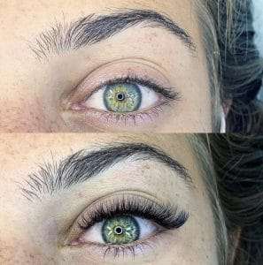 Before and after eyelash extensions showing fuller, longer lashes at Beauty Glam Studio in Boca Raton, FL.